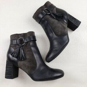 Born Toco Heeled Ankle Boot Womens 9 Black Gray Leather Side Zip Tassel Moto